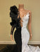 Black and White Long Sleeves Lace Sequin Mermaid Prom Dress