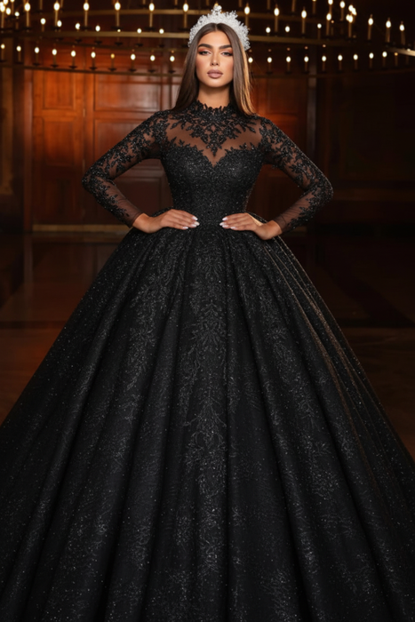Black Lace Beaded Long Sleeves A-Line Floor-Length Wedding Dress