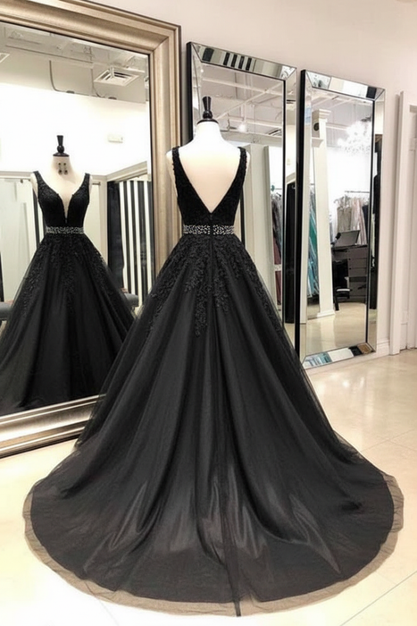 Black Appliques Prom Dress with Beaded Waist A Line Tulle Long Graduation Dresses - Prom Dresses