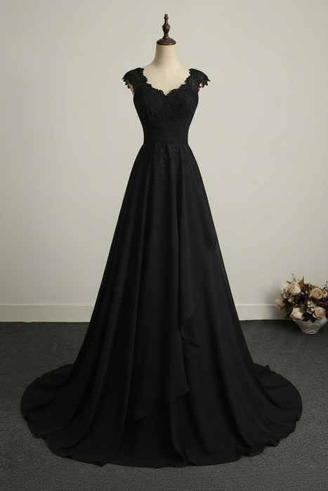 Black Appliques V-Neck Lace-Up Chiffon Wedding Dresses - wedding dresses