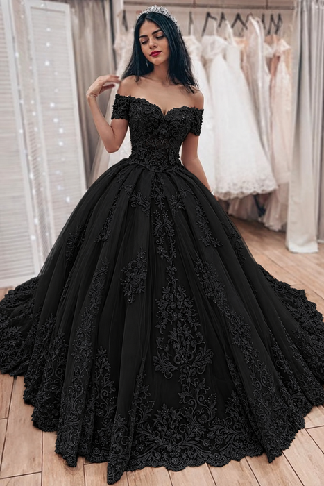 Black Ball Gown Off the Shoulder with Lace Appliques Gorgeous Wedding Dress - Wedding Dresses