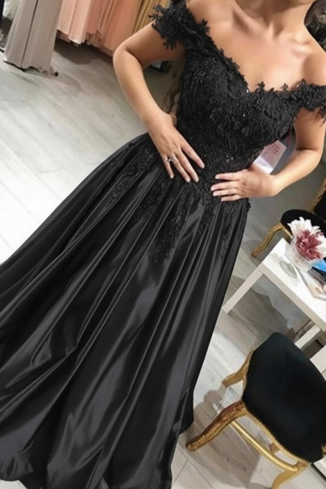 Black Off-the-Shoulder Lace Applique Satin Aline Evening Dresses