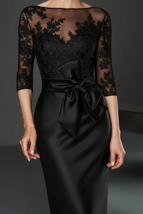 Black Bateau 3/4 Long Sleeves Satin Mother of the Bride Dresses with Lace - Prom Dresses