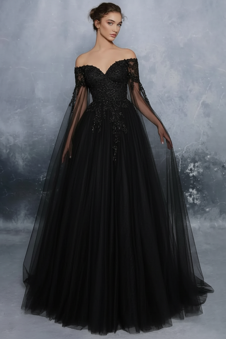Black Evening Dress A-Line Bateau Neck Long Sleeves Tulle Floor-Length Formal Dinner Dresses