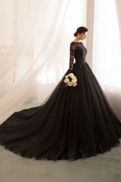 Black wedding dresses princess silhouette bateau neck long sleeve natural waist lace tulle bridal gowns