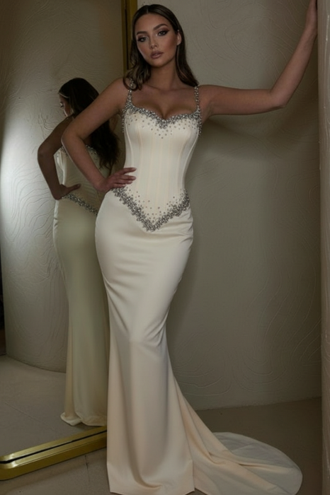 Ivory Beaded Straps Prom Dress with Long Sweetheart Formal Dress