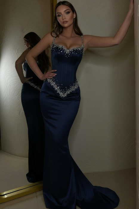 Navy Beaded Straps Prom Dress with Long Sweetheart Formal Dress