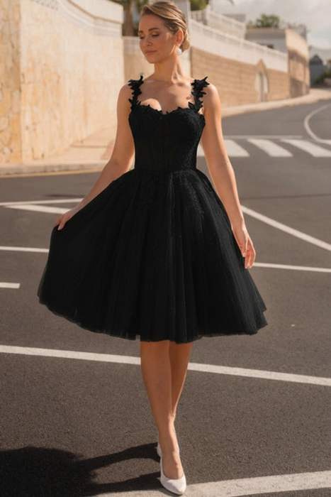 Black Beautiful Sleeveless Tulle Aline Wedding Dress Short with Lace Appliques