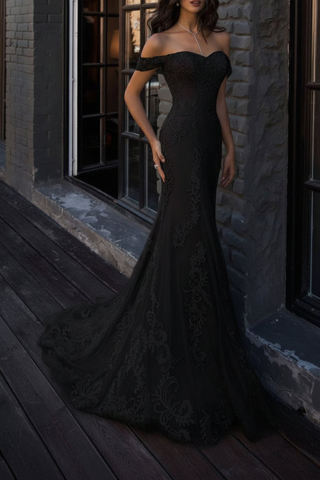 Black boho wedding dresses mermaid off the shoulder lace short sleeve floor length bridal gown with sweep train