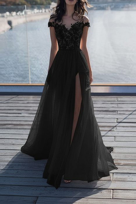 Black boho wedding dresses lace off the shoulder short sleeve floor length split front bridal dress with train