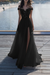 Black boho wedding dresses lace off the shoulder short sleeve floor length split front bridal dress with train