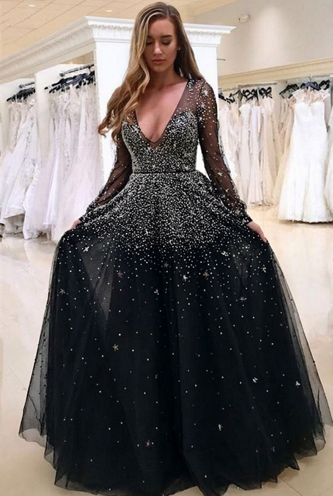 Black Bridelily A-line Long Sleeves V-neck Floor-length Tulle Pearls Prom Dresses