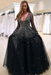 Black Bridelily A-line Long Sleeves V-neck Floor-length Tulle Pearls Prom Dresses