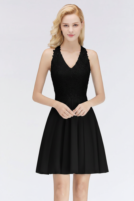 Black V-Neck Short Lace Bridesmaid Dresses