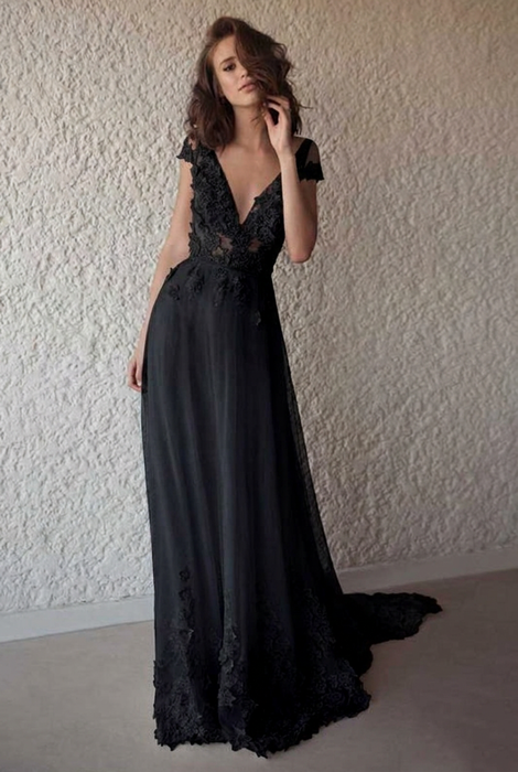 Black Cap Sleeve V Neck Beach Boho Appliques Wedding Dress - Wedding Dresses