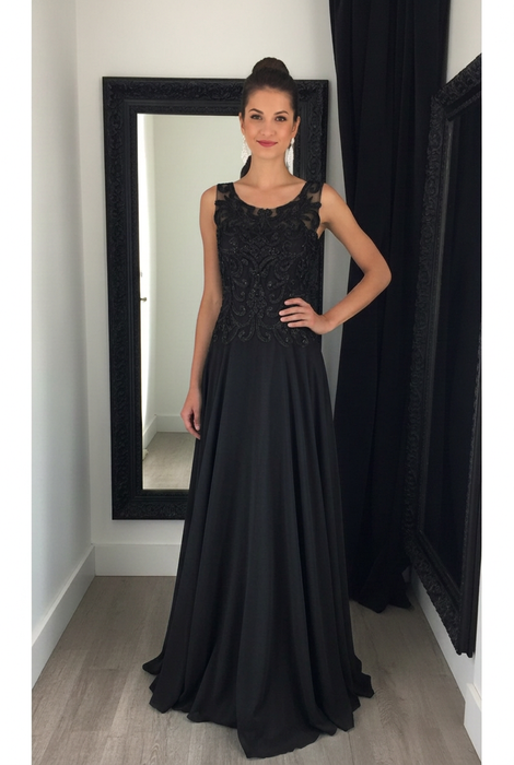 Black Chiffon A-Line Prom Dress Scoop Neck with Lace Appliques