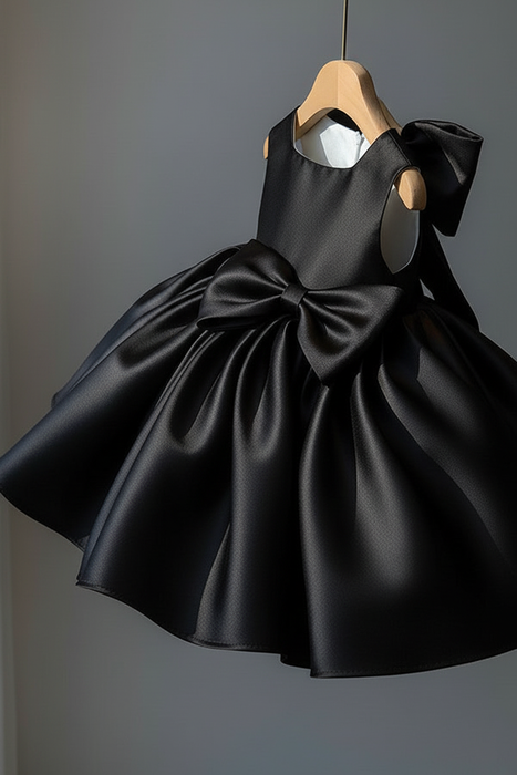 Black Cute Satin Princess Ball Gown Mini Flower Girl Dresses with Bow