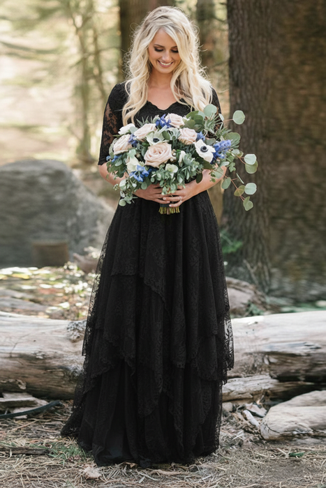 Elegant Lace Boho Wedding Dress with Half Sleeves & V-neck