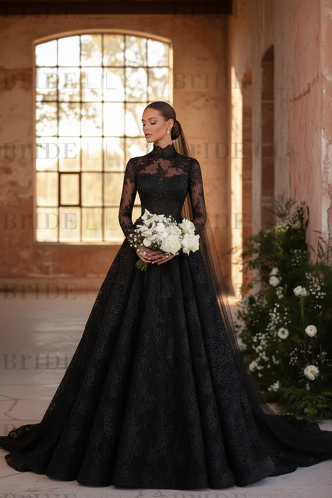 Black Elegant High Neck Long Sleeves A-Line Appliques Lace Wedding Dress