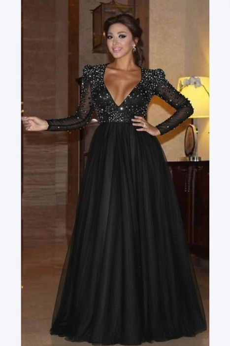 Black Elegant Long Sleeve Formal Dress with Beads A Line Sparkle V Neck Evening Dresses - Prom Dresses