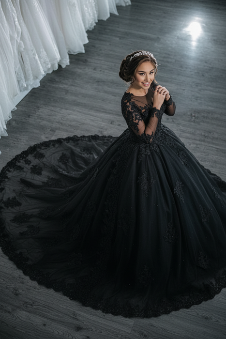 Black Elegant Long Sleeves Lace Appliques Ball Gown Wedding Dresses - wedding dresses