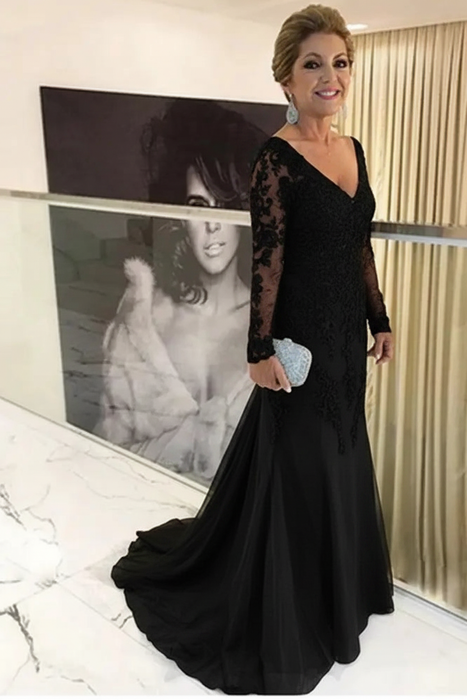 Black Elegant Long Sleeves Lace mother of the bride dress V-Neck - Prom Dresses