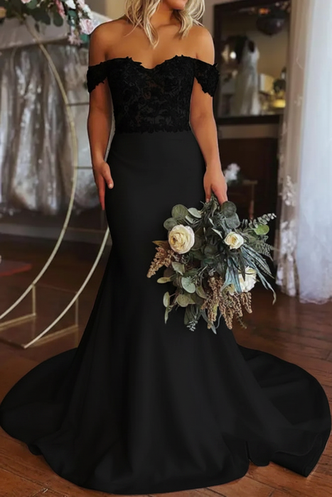 Black Elegant Off Shoulder Mermaid Lace Long Wedding Dresses