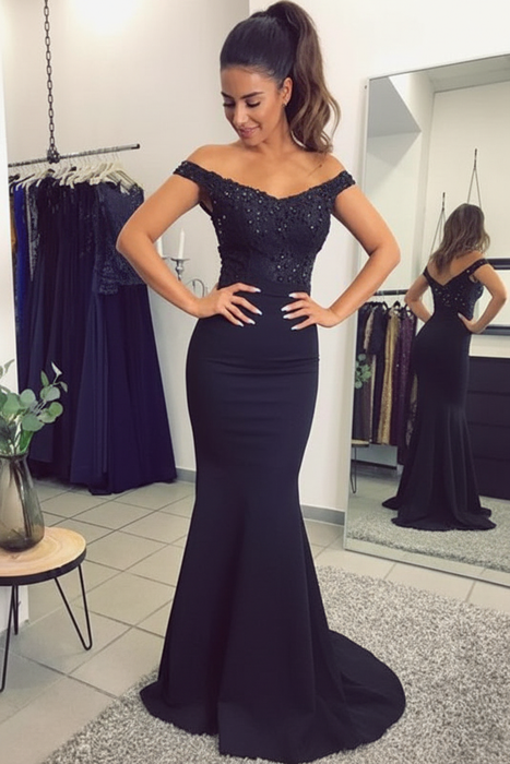 Black Elegant Off-the-Shoulder Mermaid Lace Beadings Long Evening Dress - Prom Dresses