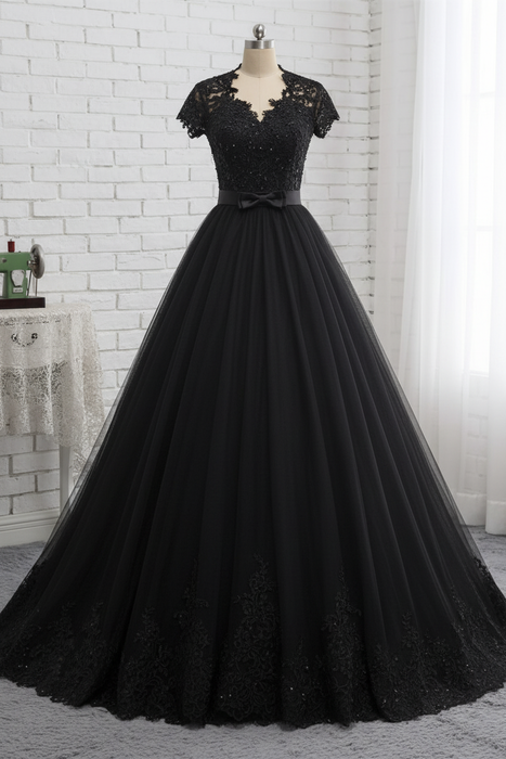 Black Elegant Short Sleeves Lace Beaded Tulle Wedding Dresses - wedding dresses