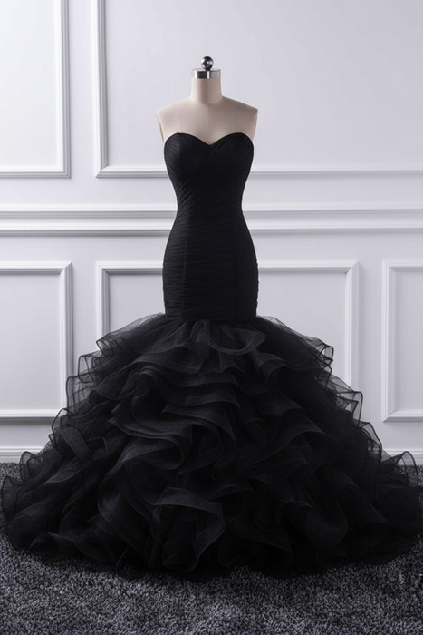 Black Elegant sweetheart Mermaid Tulle Wedding Dresses - wedding dresses