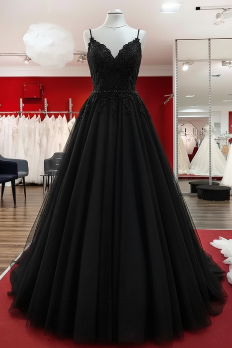 Black Elegant Lace A-line Wedding Dress with V-neck Spaghetti Straps