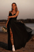 Black Spaghetti Straps V-Neck Empire Tulle Prom Dresses With Split
