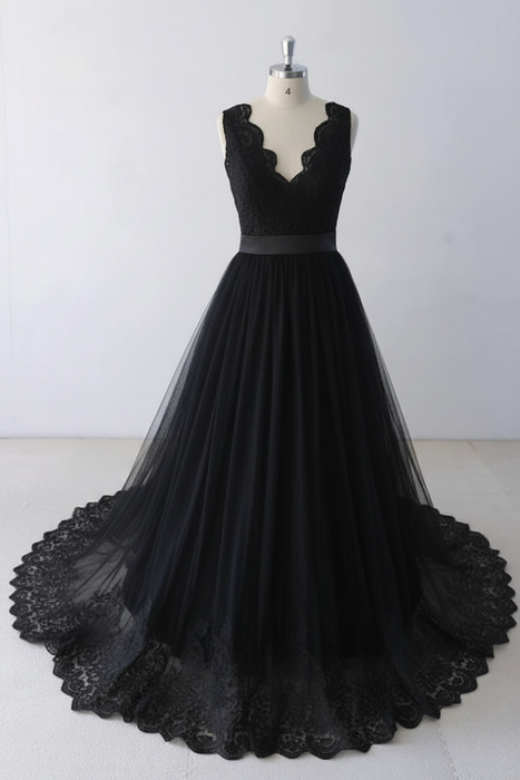 Black Elegant V-neck Lace Tulle A-line Wedding Dress