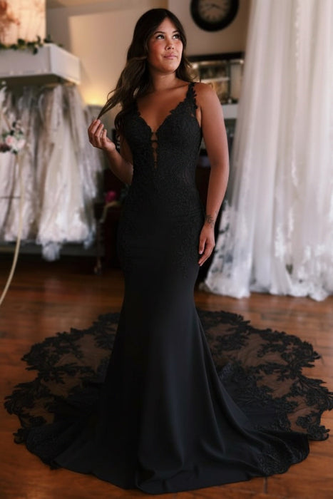 Black Mermaid Wedding Dress with Lace Appliques & Cathedral Train