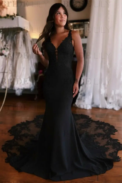 Black Mermaid Wedding Dress with Lace Appliques & Cathedral Train