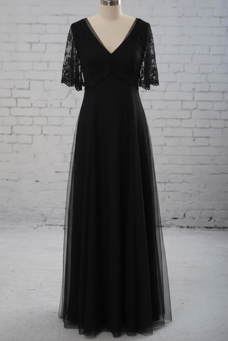 Black Empire Waist V-neck Tulle A-line Wedding Dress