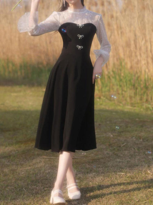 Black Evening Dress A-Line Jewel Neck 3/4 Length Sleeves Zipper Stretch Tea-Length Crepe Social Party Dresses