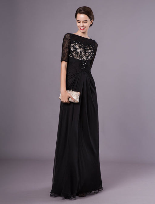 Black Evening Dresses Half Sleeves Lace Beading Chiffon Long Formal Gowns wedding guest dress