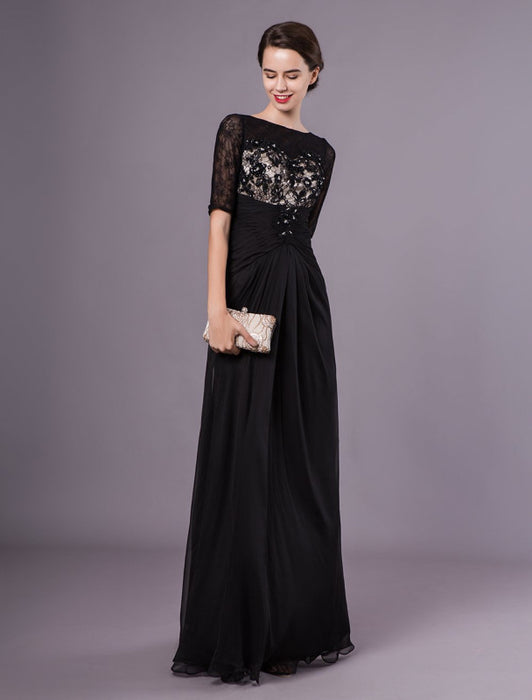 Black Evening Dresses Half Sleeves Lace Beading Chiffon Long Formal Gowns wedding guest dress