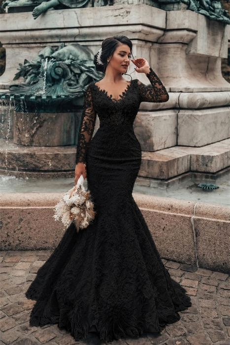 Black Floral Lace Mermaid Bridal Dresses Long Sleeves V-Neck Spring Wedding Dress - Wedding Dresses