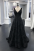 Black A Line V Neck White Floral Lace Long Wedding Dress