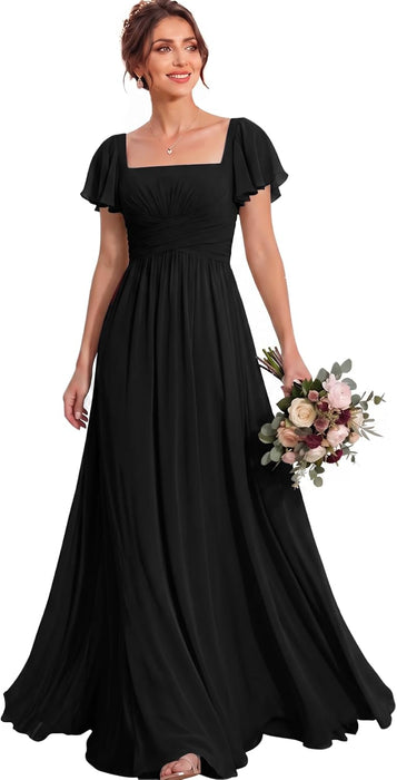 Bridelily Women's Flutter Sleeves Bridesmaid Dresses Square Neck Chiffon Maxi Dres - Black