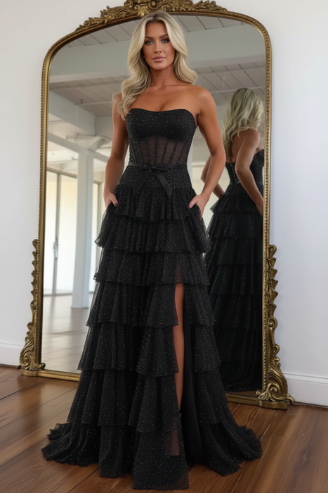 Black Glitter Strapless Tiered Ruffle Corset Prom Dress Long with Slit