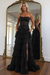 Black Glitter Strapless Tiered Ruffle Corset Prom Dress Long with Slit
