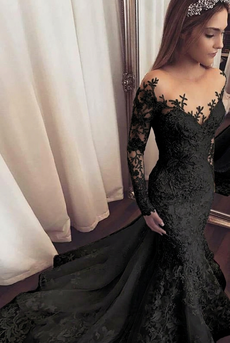 Black Gorgeous Mermaid Illusion Long Sleeves Tulle Appliques Beach Wedding Dress