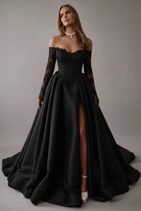 Black Gorgeous Off-the-Shoulder Satin Aline Wedding Dresses Front Split Long Sleeves Bridal Gown - Wedding Dresses