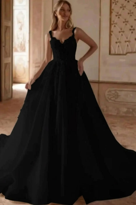 Black Gorgeous Tulle Lace Aline Wedding Dress Sweetheart with Chapel Train - Wedding Dresses