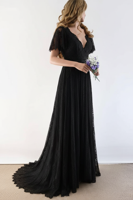 Gorgeous V-Neck Lace Wedding Dress with Cap Sleeves-Bridelily