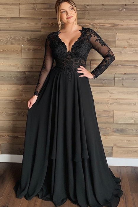 Black Gorgeous V-Neck Long Sleeves Lace Ruffles Wedding Dresses - wedding dresses