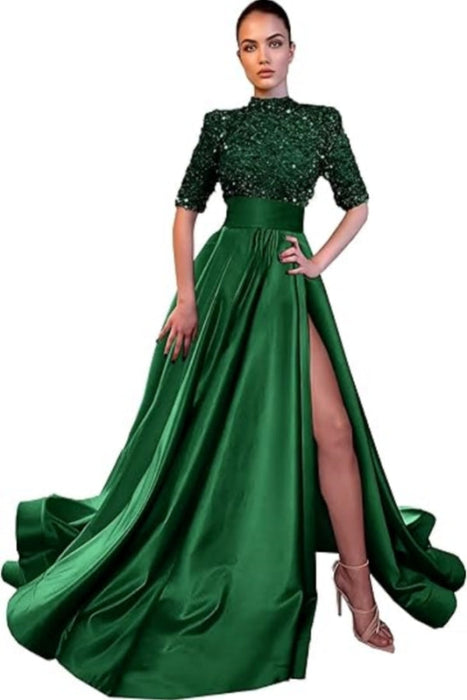 Emerald Green Half Sleeves Mermaid Prom Dress with Slit